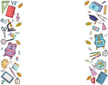 Okul malzemeleri dikey süsler seti. Vektör renkli illüstrasyon. Beyaz arka planda yalıtılmış el çizimleri.