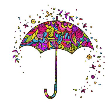 Şemsiye. Parlak renkli doodle. Beyaz arka planda yalıtılmış vektör çizimi.