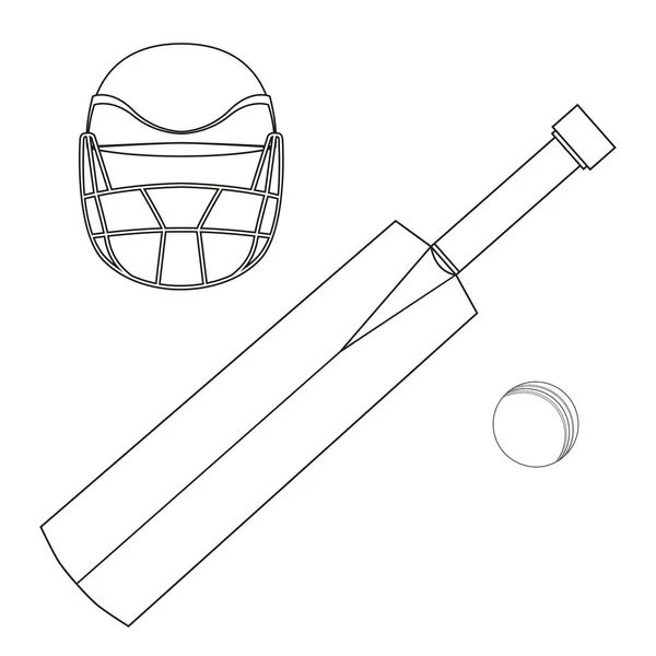 Set Bate Cricket Pelota Casco Ilustración Vectorial Lineal Blanco Negro — Archivo Imágenes Vectoriales