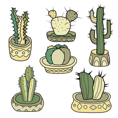  Cacti in the pots. Set of color vector hand-drawn illustrations in cartoon style isolated on white background. clipart