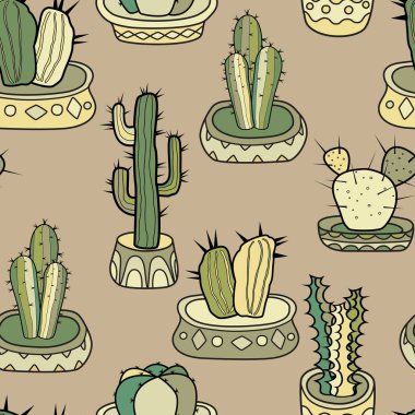  Cacti in the pots. Seamless colorful vector pattern in cartoon style. clipart