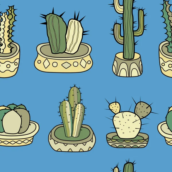 Kaktusar Krukor Sömlös Färgglada Vektor Horisontellt Mönster Tecknad Stil — Stock vektor