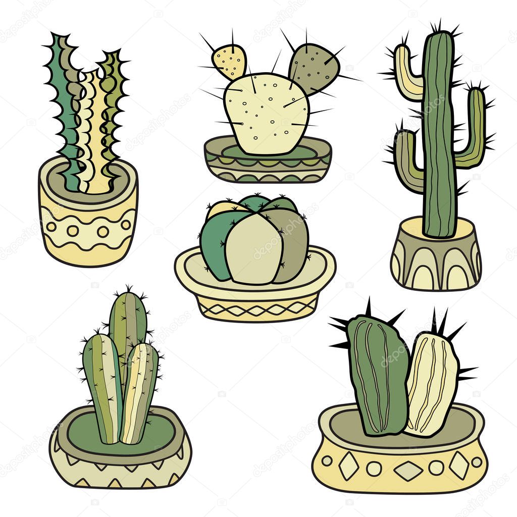  Cacti in the pots. Set of color vector hand-drawn illustrations in cartoon style isolated on white background.