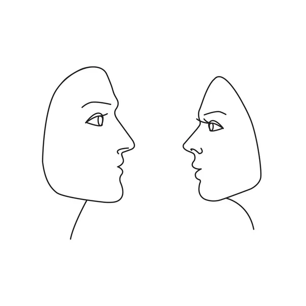 Dibujo Lineal Caras Femeninas Masculinas Perfil Ilustración Vectorial Aislada Sobre — Archivo Imágenes Vectoriales