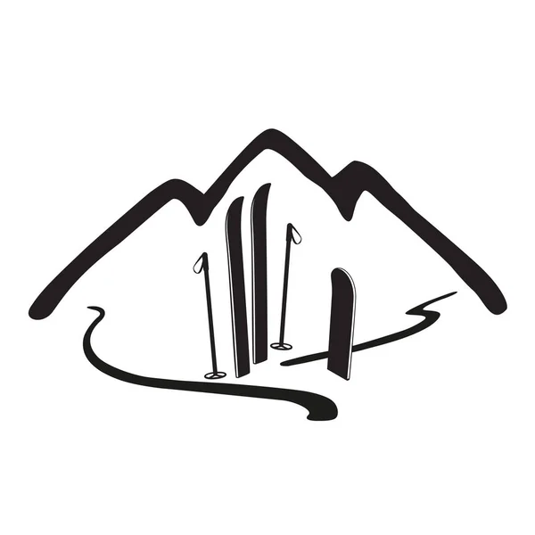 Dağlar, kayak, snowboard. Vektör siyah beyaz logo. Yalıtılmış illüstrasyon. Sağlıklı bir yaşam tarzı kavramı, açık hava etkinlikleri.