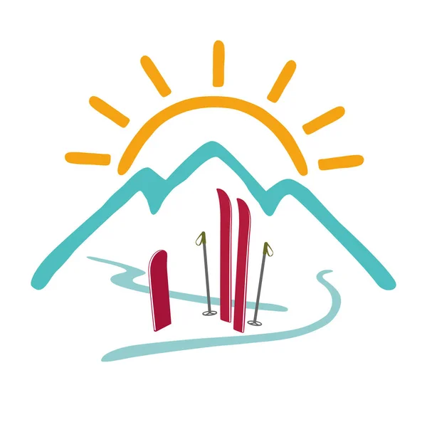 Dağlar, güneş, kayak, snowboard. Sağlıklı bir yaşam tarzı kavramı, açık hava etkinlikleri. Vektör renk logosu. Yalıtılmış illüstrasyon.