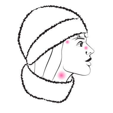  Grip mevsimi ve soğuk algınlığı. Bir şapka ve eşarp hastalığın belirtileri ile hasta bir kız profili. Yalıtılmış vektör.