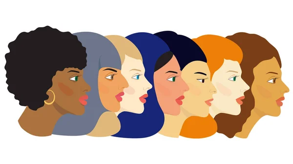 Group Women Faces Different Ethnic Groups Color Vector Illustration Women — Stock Vector