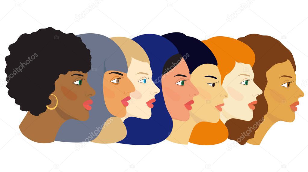 A group of women faces of different ethnic groups. Color vector illustration of women from different continents, cultures.
