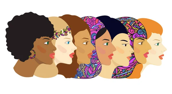 Farklı Milletlerden Kültürlerden Kadınların Yüzleri Renk Vektörü Çizimi Düz Bir — Stok Vektör