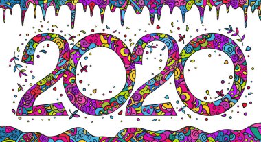 Yeni yıl kartı, üzerinde numaralar olan pankart, dekoratif kar yığınları ve buz saçakları. Vektör renkli parlak karalama.