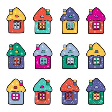 Cute cartoon houses with snowflakes. Set of bright multi-colored vector funny icons for design and decoration of children's textbooks.