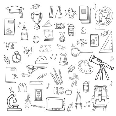  Okul doğrusal vektör simgeleri ayarlandı. Beyaz arkaplanda el çizimleri izole.