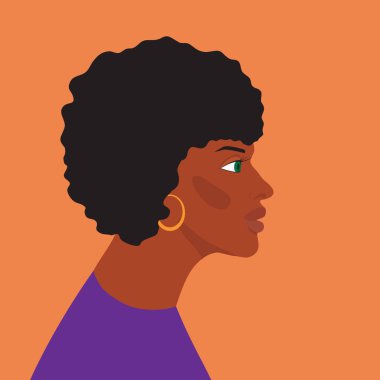 Küpeli Afrikalı Amerikalı bir kadının profili. Düz bir şekilde renk vektör illüstrasyonu.