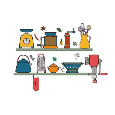 Mutfak eşyaları ve mutfak aletleri. Çizgi film tarzında izole edilmiş renkli vektör çizimi.