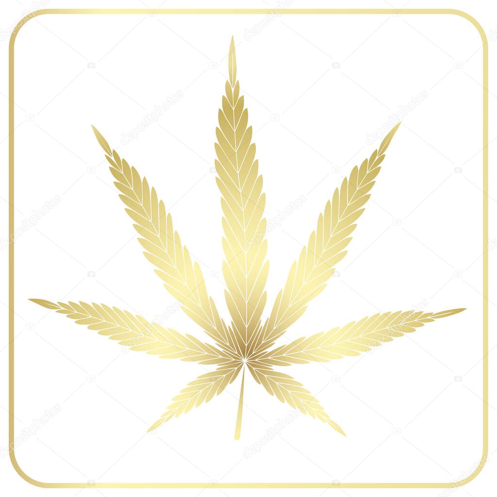 Cannabis leaf. Golden iIsolated icon, logo on a white background. Silhouette isolated in a frame.
