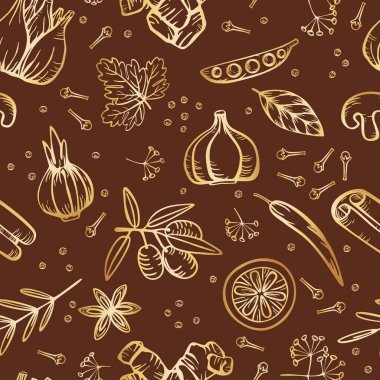 Lezzetli yemekler için baharatlar ve otlar. Kusursuz vektör doğrusal el çizimi. Kahverengi bir arkaplanda altın gradyan.