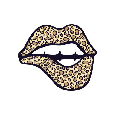 Vector illustration of leopard print lips parted with teeth bitten. Isolated color icon on white background. Hand drawing in cartoon style. clipart