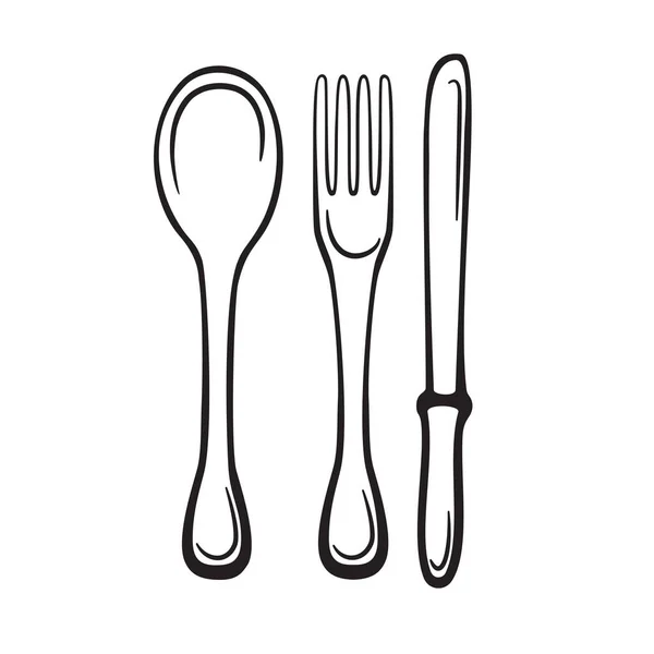刀叉的餐具 一组在白色背景上隔离的向量图标 卡通人物手绘 — 图库矢量图片