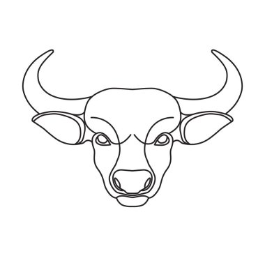 Boğa kafa. Biçimlendirilmiş siyah doğrusal vektör simgesi beyaz arkaplanda izole edildi.