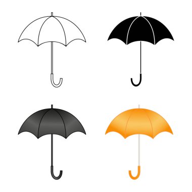 Beyaz arka planda izole edilmiş vektör simgeleri. Açık şemsiyelerin doğrusal, siluet, renk çizimleri.