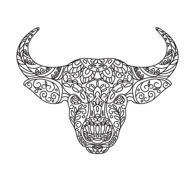 Boğa kafa. Boyama için doğrusal süslemeli el çizimi. Beyaz arkaplanda vektör simgesi izole edildi.