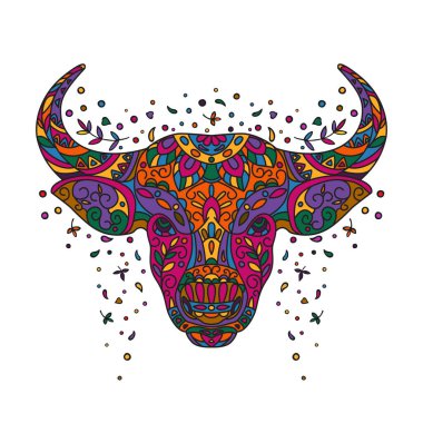 Boğa kafa. Renklendirmek için parlak renkli bir el çizimi. Beyaz arkaplanda vektör simgesi izole edildi.