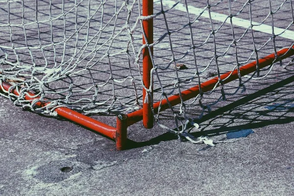 Broken Soccer Goal Rope Net Old Abandoned Rope Web Football — Zdjęcie stockowe