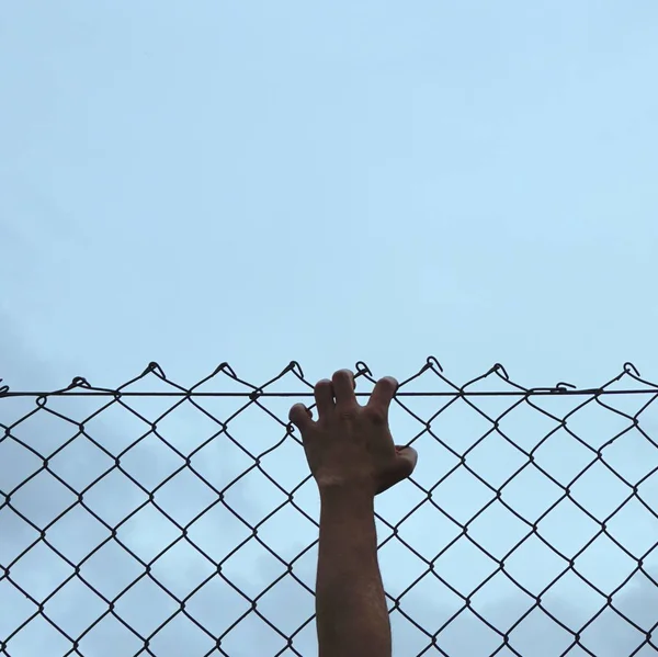 man hand grabbing a metallic fence on the street