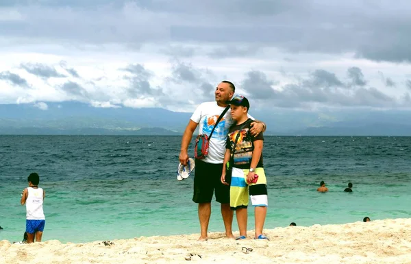 Boy Man Stand Filipino White Sand Beach Backdrop Sea Moalboal — Stock Photo, Image