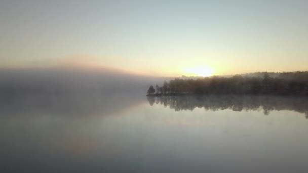 Aéreo - Outono nebuloso morgning na floresta sueca. nascer do sol a bater nas árvores. grande lago no meio. voando acima do nevoeiro. 4k — Vídeo de Stock