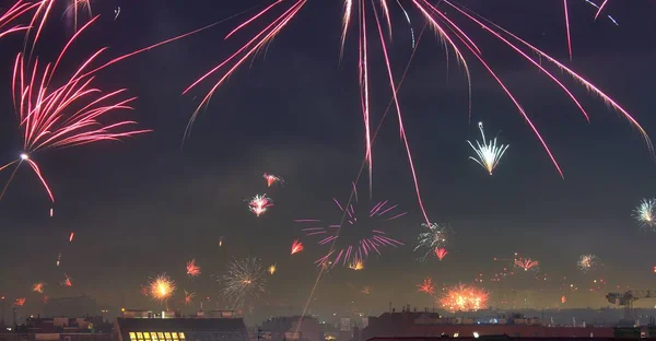 Happy New Year Fireworks Roofs Vienna — Stock Photo, Image
