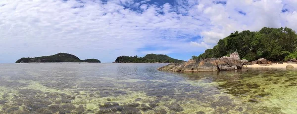 Stunning High Resolution Beach Panorama Taken Paradise Islands Seychelles — Stock Photo, Image