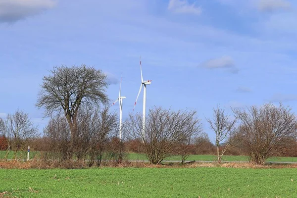 Alternatif Enerji Yel Değirmenleri Bir Windpark Mavi Bir Gökyüzü Önünde — Stok fotoğraf