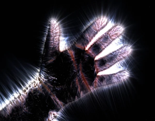 Farklı işaret ve semboller gösteren bir insan erkek elparlayan kirlian aura fotoğraf