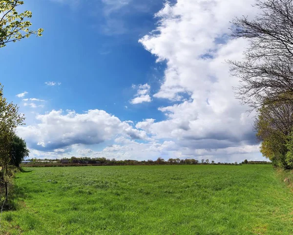 在阳光明媚的日子里 德国北部农业景观的令人惊叹的高分辨率全景与蓝天上的白云形成 — 图库照片