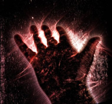 Kirlian aura fotoğraf parlayan bir insan erkek el farklı semboller ve el gösterisi gösteren