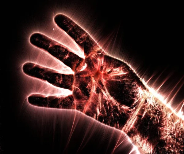 Kirlian Aura Fotografie Einer Glühenden Menschlichen Männlichen Hand Mit Verschiedenen — Stockfoto