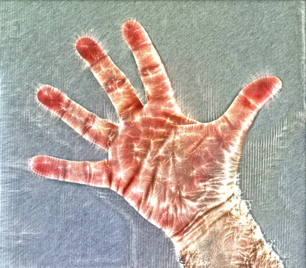 異なるシンボルと手のショーを示す輝く人間の男性の手のキリアンオーラ写真 — ストック写真