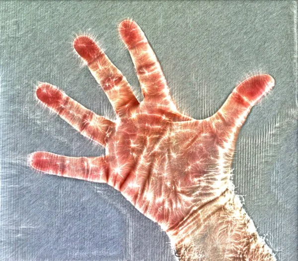 Kirlian Aura Fotografie Einer Glühenden Menschlichen Männlichen Hand Mit Verschiedenen — Stockfoto