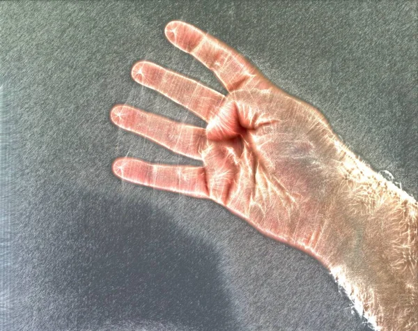 Kirlian Aura Fotografia Uma Mão Humana Brilhante Masculino Mostrando Símbolos — Fotografia de Stock