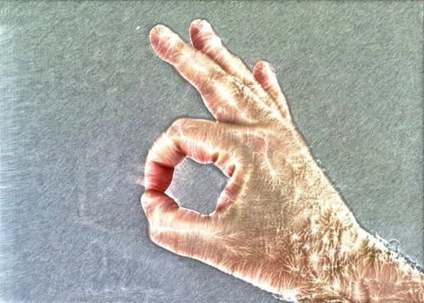異なるシンボルと手のショーを示す輝く人間の男性の手のキリアンオーラ写真 — ストック写真