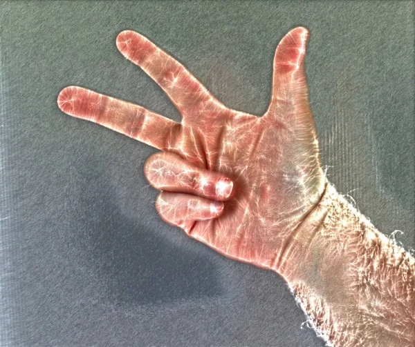 Kirlian 光环摄影一个发光的人类男性手显示不同的符号和显示的手 — 图库照片