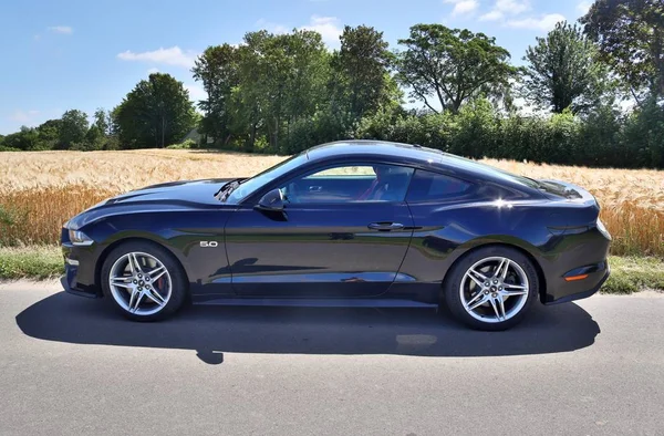 Black sports car in front of northern german landscape on a sunny summer day