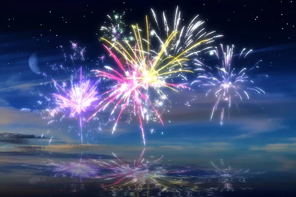 Viele Schöne Bunte Feuerwerke Vor Einem Nachthimmel — Stockfoto