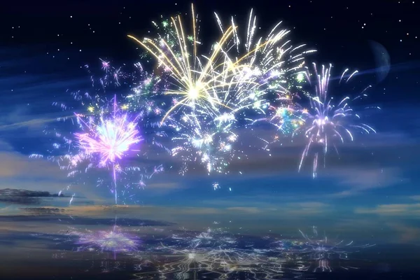 夜空にカラフルな輝くお祝いの花火 — ストック写真