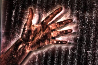 Farklı semboller ve el gösterisi gösteren parlayan bir insan kadın el kırmızı kirlian aura fotoğraf
