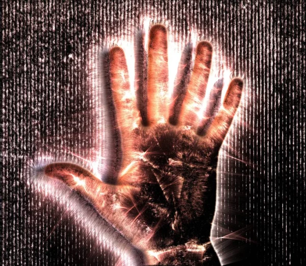 红色基里安光环摄影一个发光的人类女性手显示不同的符号和显示的手 — 图库照片