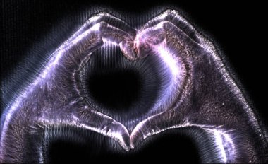 3d-Farklı semboller gösteren kirlian aura ile parlayan bir insan kadın el İllüstrasyon