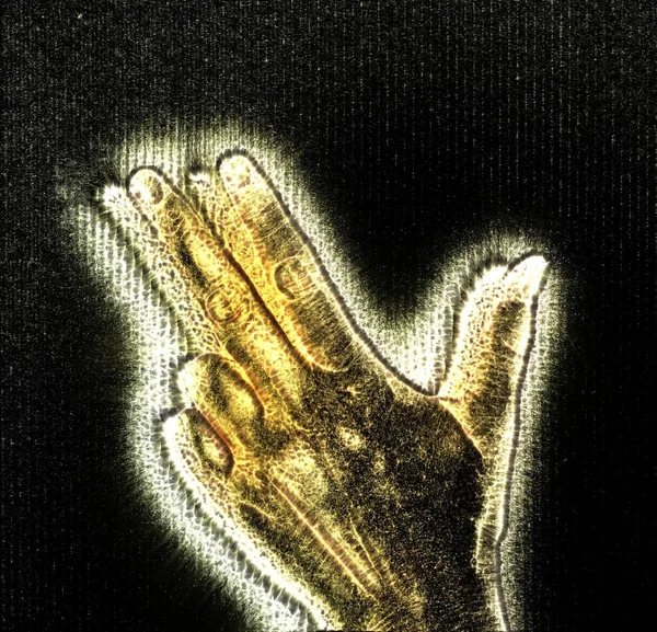 Иллюстрация Светящейся Человеческой Женской Руки Желтой Кирлиевой Аурой Изображающей Различные — стоковое фото